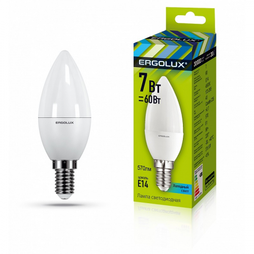 Ergolux LED-C35-7W-E14-4K (Эл.лампа светодиодная Свеча 7Вт E14 4500K 172-265В), цена за 1 шт