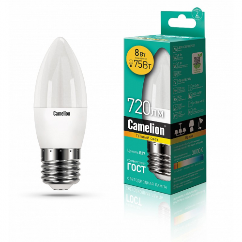 Camelion LED8-C35/830/E27 (Эл.лампа светодиодная 8Вт 220В), цена за 1 шт