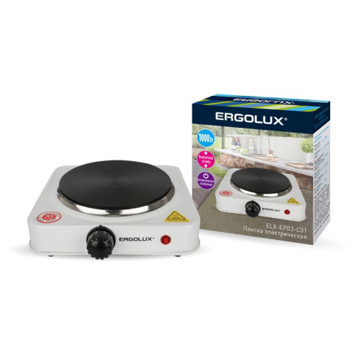 ERGOLUX ELX-EP03-C01 белая (электроплитка, 1 конф., дисковый нагр.эл.1000Вт, 220-240В), цена за 1 шт