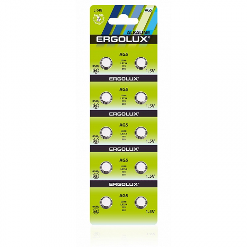 Ergolux AG 5 BL-10 (AG5-BP10, LR48, LR754 батарейка для часов) (упак. 10 шт.), цена за 1 упак