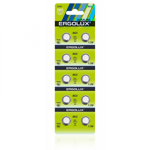 Ergolux AG 3 BL-10 (AG3-BP10, LR41 /LR736 /192 /392 батарейка для часов) (упак. 10 шт.), цена за 1 упак