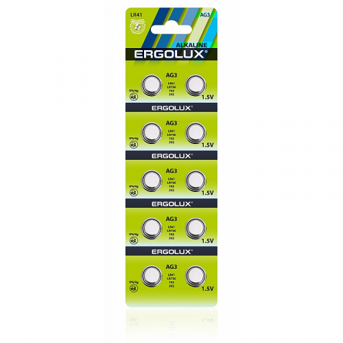 Ergolux AG 3 BL-10 (AG3-BP10, LR41, LR736 батарейка для часов) (упак. 10 шт.), цена за 1 упак