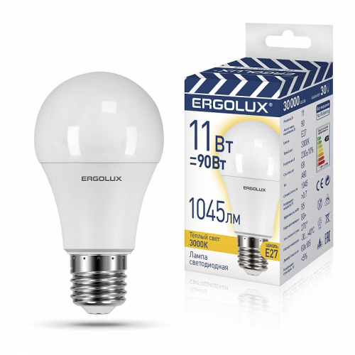 Ergolux LED-A60-11W-E27-3K (Эл.лампа светодиодная ЛОН 11Вт Е27 3000К 220-240В, ПРОМО), цена за 1 шт