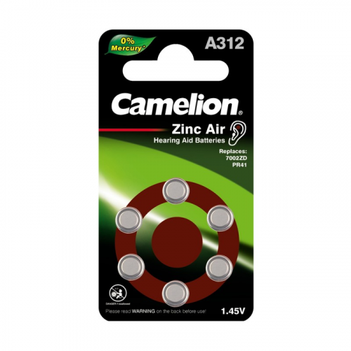 Camelion ZA312 BL-6 Mercury Free (A312-BP6(0%Hg), PR41 батарейка для слуховых аппаратов, 1.4V) (упак. 6 шт.), цена за 1 упак