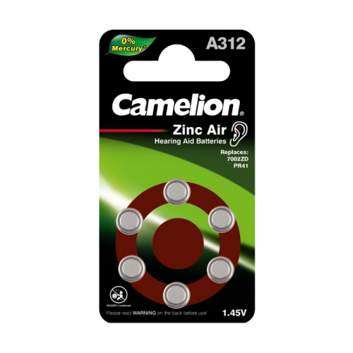 Camelion ZA312 BL-6 Mercury Free (A312-BP6(0%Hg), батарейка для слуховых аппаратов, 1.4 V,170mAh) (упак. 6 шт.), цена за 1 упак