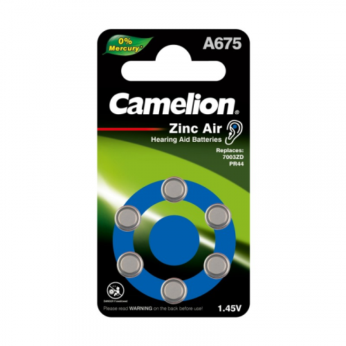Camelion ZA675 BL-6 Mercury Free (A675-BP6(0%Hg), PR44 батарейка для слуховых аппаратов, 1.4V) (упак. 6 шт.), цена за 1 упак