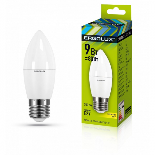 Ergolux LED-C35-9W-E27-3K (Эл.лампа светодиодная Свеча 9Вт E27 3000K 172-265В), цена за 1 шт