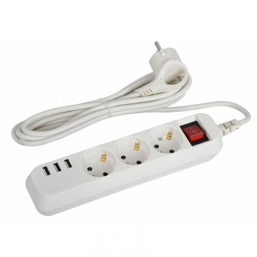 U-3es-1,5m-USB Удлинитель электрический ЭРА U-3es-1,5m-USB c заземлением с выключателем 3 розетки + 3xUSBA 1,5м 10А, цена за 1 шт