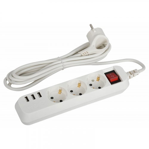 U-3es-3m-USB Удлинитель электрический ЭРА U-3es-3m-USB c заземлением с выключателем 3 розетки + 3xUSBA 3м 10А, цена за 1 шт