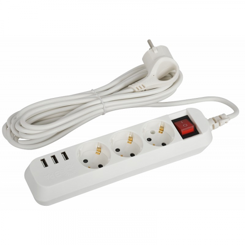 U-3es-5m-USB Удлинитель электрический ЭРА U-3es-5m-USB c заземлением с выключателем 3 розетки + 3xUSBA 5м 10А, цена за 1 шт