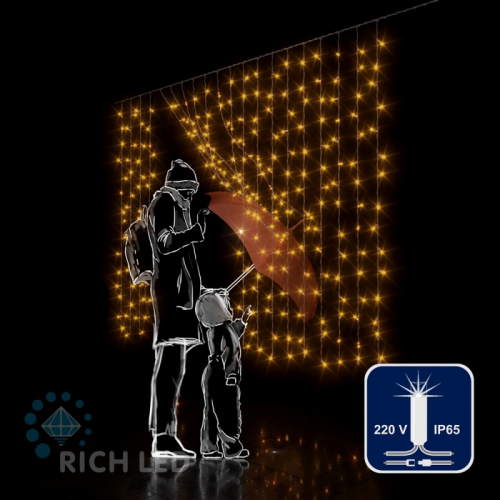 Светодиодный занавес (дождь) Rich LED 2*1.5 м облегченный, влагозащитный колпачок, с мерцанием, желтый, прозрачный провод,, цена за 1 шт