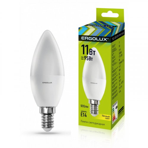 Ergolux LED-C35-11W-E14-3K (Эл.лампа светодиодная Свеча 11Вт E14 3000K 180-240В), цена за 1 шт