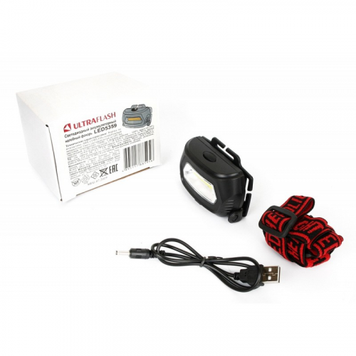 Ultraflash LED5359 (фонарь налобн.аккум. 5В черный COB 3 Ватт, 3 реж.,пласт.,бокс), цена за 1 шт