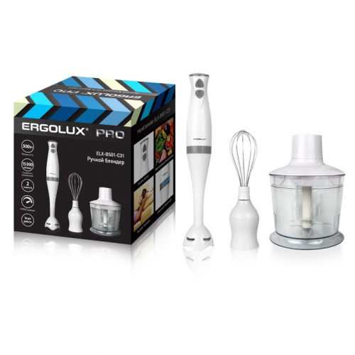 ERGOLUX ELX-BS01-C31 бело-серый PRO (блендерный набор:измельчитель,венчик, блендер.500Вт,220-240В), цена за 1 шт