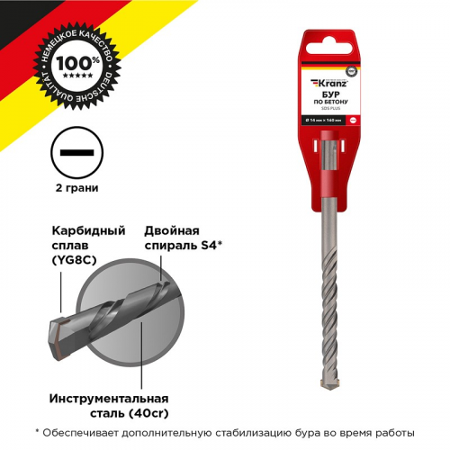 Бур по бетону 14x160x100мм SDS PLUS KRANZ, цена за 1 шт