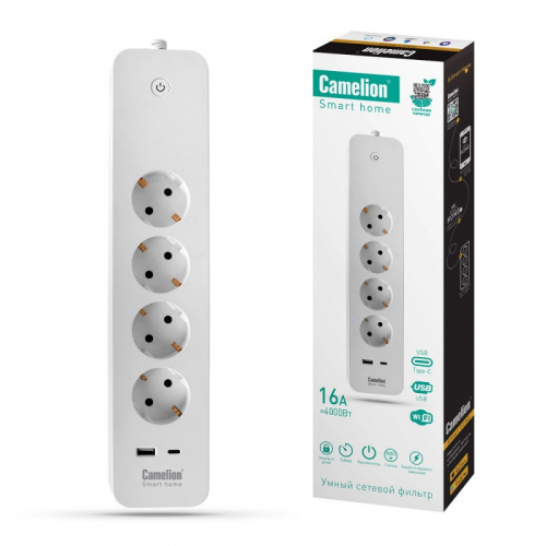 Camelion Smart Home SZD/SH/4х1,5/WIFI (Сетевой фильтр 4гн.1,5м.,16A 4000В, USB+Type-С, WiFi+Счетчик), цена за 1 шт