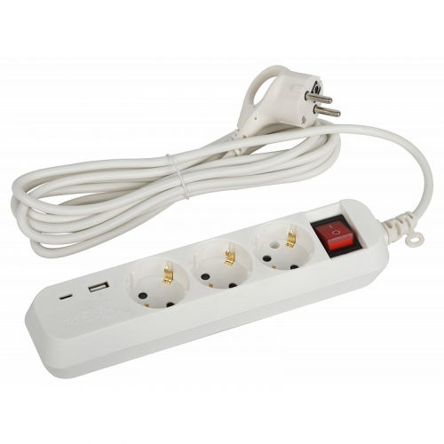 UB-3es-3m-USB Удлинитель электрический ЭРА UB-3es-3m-USB c заземлением с выключателем 3 розетки + 1xUSBA+1xUSBC 3м 10А, цена за 1 шт