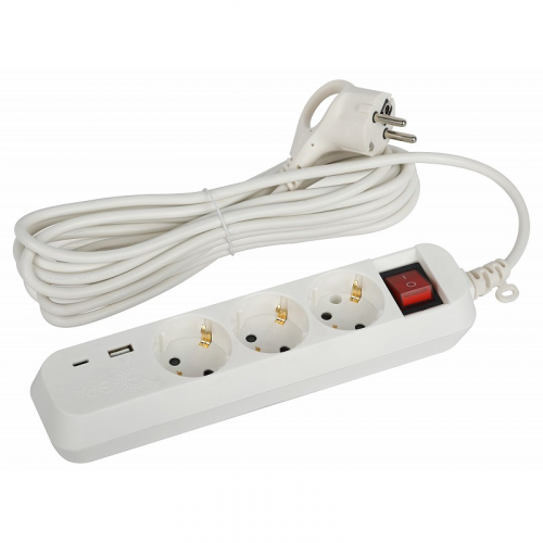 UB-3es-5m-USB Удлинитель электрический ЭРА UB-3es-5m-USB c заземлением с выключателем 3 розетки + 1xUSBA+1xUSBC 5м 10А, цена за 1 шт