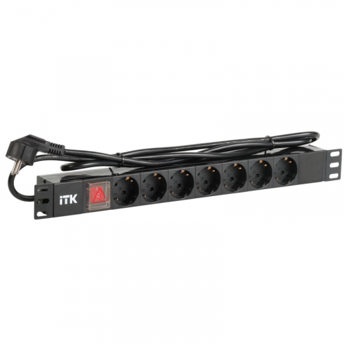 ITK PDU 7 розеток нем. стандарт, с LED выключателем,1U, шнур 2м вилка нем. стандарт, алюминиевый профиль, цена за 1 шт