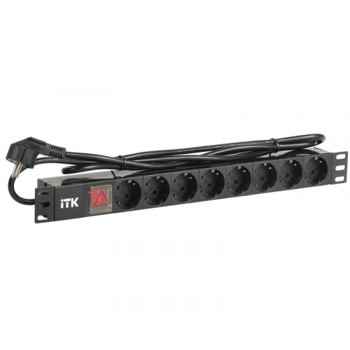 ITK PDU 8 розеток DIN49440 (нем. станд.) с LED выключателем, 1U, шнур 2м вилка DIN49441 (нем. станд.), профиль из ПВХ, черный, цена за 1 шт