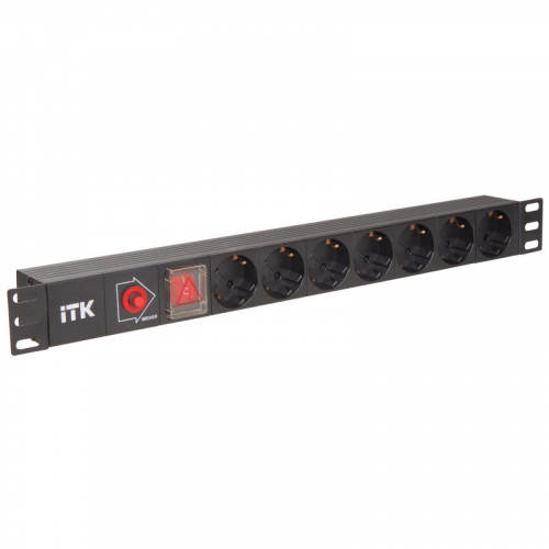ITK PDU 7 розеток нем. стандарт, с LED выключателем,1U, без шнура, вх. C14, алюминиевый профиль, цена за 1 шт