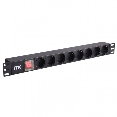 ITK PDU 8 розеток нем. стандарт, с LED выключателем, 1U, шнур 2м вилка нем. стандарт, алюминиевый профиль, цена за 1 шт