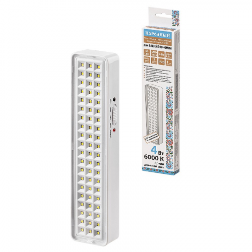 Светильник светодиодный аккумуляторный СБА 60 LED, DC, Li-ion 3,7 В 1,5 А*ч, 3-5 ч,пластик, Народный, цена за 1 шт