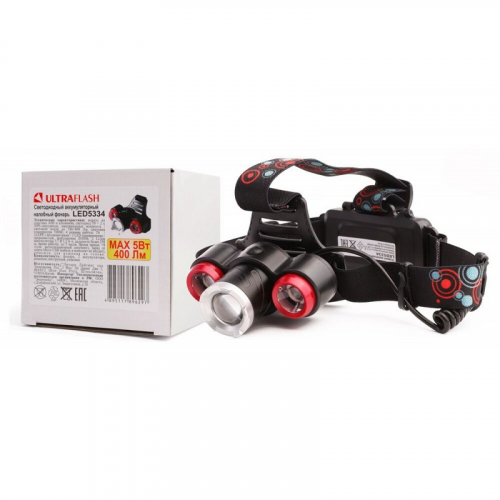 Ultraflash LED5334 (фонарь налоб акк 3,7В, черн., 3LED, 5 Вт, фокус, 2 ак. 4 реж, USB, бокс са), цена за 1 шт