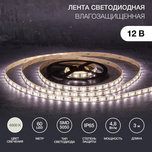 Лента светодиодная 12В, SMD5050, 14,4Вт/м, 60 LED/м, 4000К, 10мм, 3м, для БП с клеммами, IP65 LAMPER, цена за 1 шт