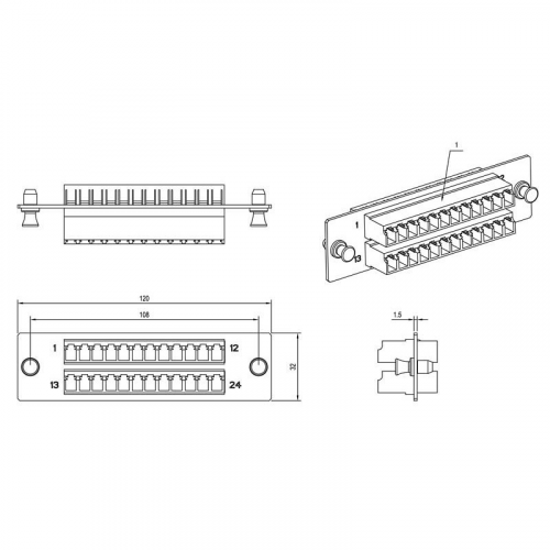 Hyperline FO-FPM-W120H32-24LC-BL Панель для FO-19BX с 24 LC адаптерами, 24 волокна, одномод OS1/OS2, 120x32 мм, адаптеры цвета синий (blue), цена за 1 шт