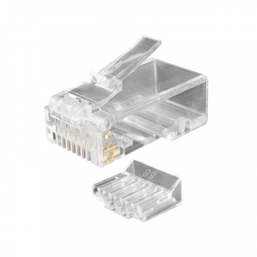 Hyperline PLUG-8P8C-UV-C6-100 Разъем RJ-45(8P8C) под витую пару, категория 6 (50 µ"/ 50 микродюймов), универсальный (для одножильного и многожильного кабеля), со вставкой (100 шт), цена за 1 упак