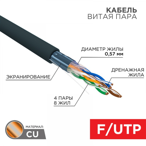 Кабель витая пара F/UTP, CAT 6, PE, 4PR, 23AWG, OUTDOOR, SOLID, черный, 305м REXANT, цена за 1 бухта