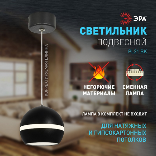 PL21 BK Светильник подвесной (подвес) ЭРА PL21 BK GX53 потолочный шар черный, цена за 1 шт