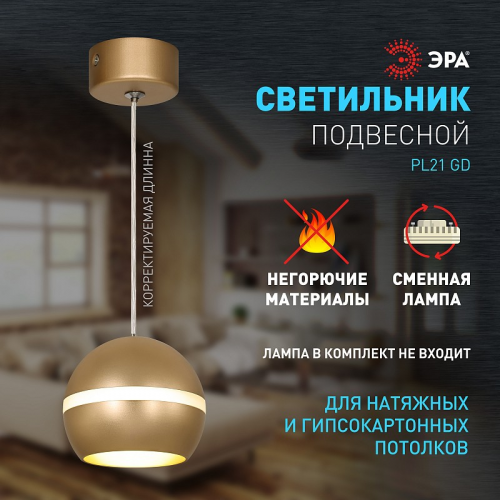 PL21 GD Светильник подвесной (подвес) ЭРА PL21 GD GX53 потолочный шар золотой, цена за 1 шт