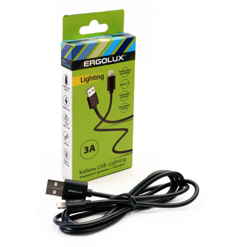 ERGOLUX ELX-CDC03-C02 (Кабель USB-Lightning, 3А, 1,2м, Черный, Зарядка+Передача данных, Коробка), цена за 1 шт