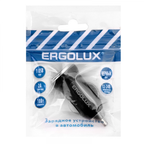 ERGOLUX ELX-CA01P-C02 ПРОМО (Автомобильный адаптер 1USB, 12В, 5V/2А, LED, Черный, Пакет ), цена за 1 шт