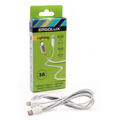 ERGOLUX ELX-CDC04-C01 (Кабель Type C-Lightning, 3А, 1,2м, Белый, Зарядка+Передача данных, Коробка), цена за 1 шт