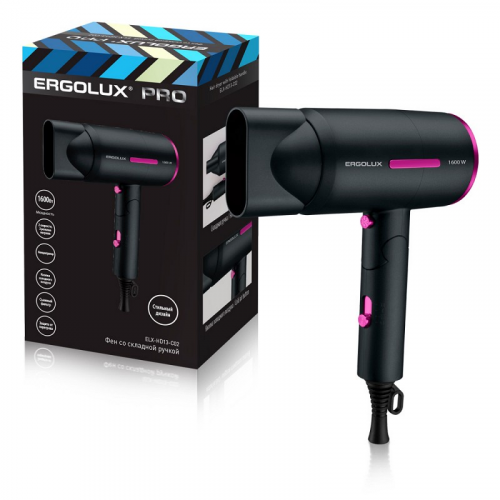 ERGOLUX ELX-HD13-C02 черный/розовый PRO (фен со складной ручкой, 1600 Вт, 220-240В), цена за 1 шт