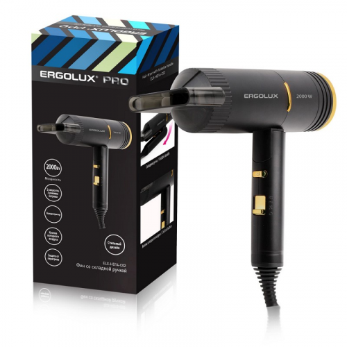 ERGOLUX ELX-HD14-C02 черный/золото PRO (фен со складной ручкой, 2000 Вт, 220-240В), цена за 1 шт
