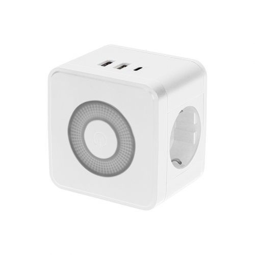 Двойник электрический Куб 16А с/з + 2хUSB-A 2,4А + USB Type-C 3А с ночной подсветкой, белый REXANT, цена за 1 шт
