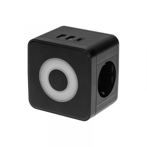 Двойник электрический Куб 16А с/з + 2хUSB-A 2,4А + USB Type-C 3А с ночной подсветкой, черный REXANT, цена за 1 шт