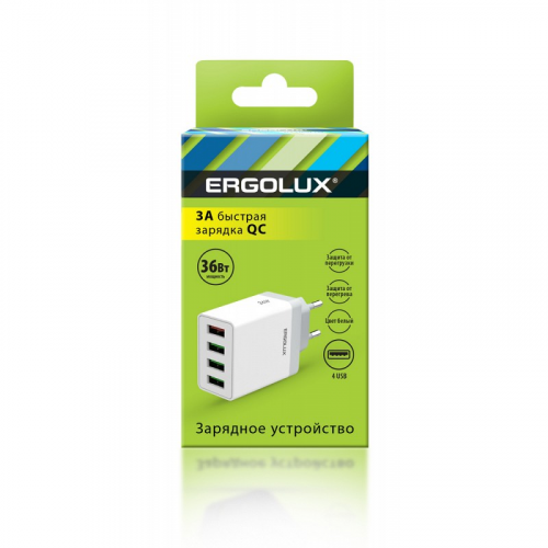 ERGOLUX ELX-РA02QC-C01 (Сетевой адаптер 36Вт 4USB, 100-220В, 5-9V/3А, 1QC+3/3А, Белый, Коробка), цена за 1 шт