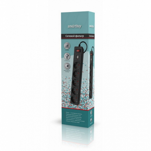 Сетевой фильтр Smartbuy c USB, 10А, 5 гнезд, c з/ш, земля, ПВС 3x0,75, 1,8 м, черный (SBSP-18U-K)/45, цена за 1 шт