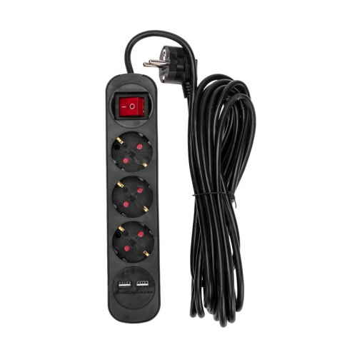 Удлинитель STANDARD 3 гнезда, 5м, 3х1,0мм², с/з, с выключателем, 2 USB, черный REXANT, цена за 1 шт