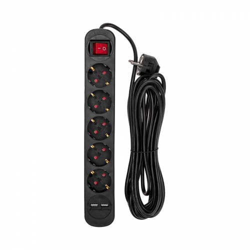 Удлинитель STANDARD 5 гнезд, 5м, 3х1,0мм², с/з, с выключателем, 2 USB, черный REXANT, цена за 1 шт