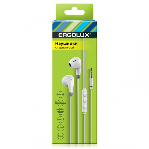ERGOLUX ELX-WHP01-C01 (Наушники вкладыши с микрофоном проводные, 3.5мм, 1,2м, Белые, Коробка), цена за 1 шт
