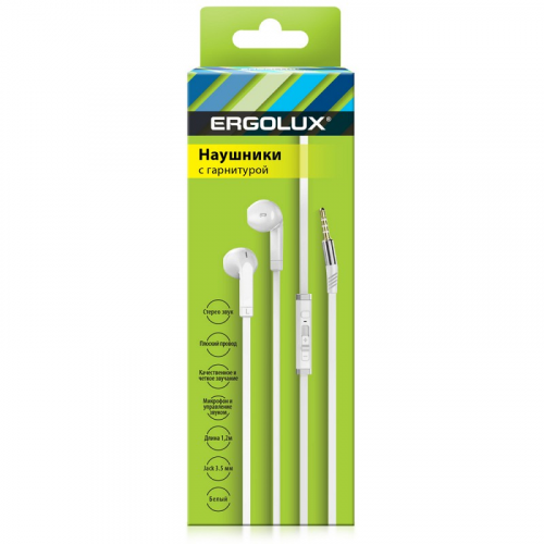 ERGOLUX ELX-WHP02-C01 (Наушники вкладыши с микрофоном проводные, 3.5мм, 1,2м, Белые, Коробка), цена за 1 шт