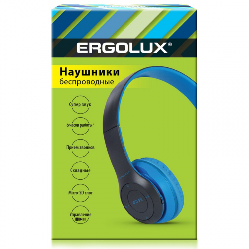 ERGOLUX ELX-BTHP01-C06 (Наушники накладные беспроводные, FM, MP3, микрофон, Синие, Коробка), цена за 1 шт