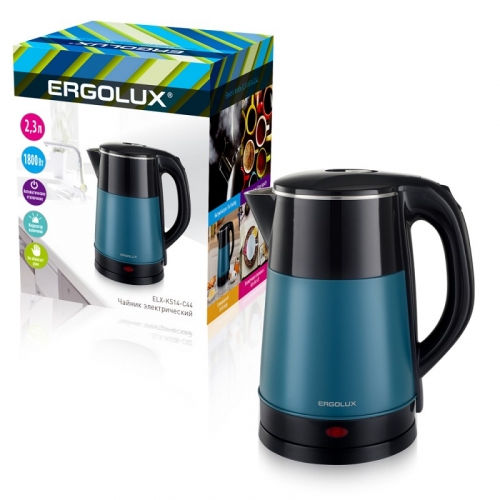 ERGOLUX ELX-KS14-C44 черый/зеленый (чайник нерж.сталь/пластик, 2,3л, 220-240В, 1800 Вт), цена за 1 шт