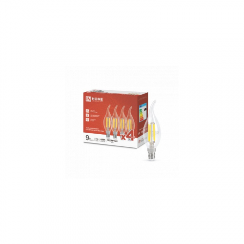 Лампа светодиодная LED-СВЕЧА НА ВЕТРУ-deco 4PACK 9Вт 230В Е14 4000К 1040Лм (4шт./упак) прозрачная IN HOME, цена за 1 шт